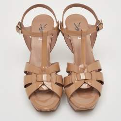 Pre Owned Saint Laurent Tribute Size 39 Beige Patent Leather Platform Sandals
