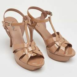 Pre Owned Saint Laurent Tribute Size 39 Beige Patent Leather Platform Sandals