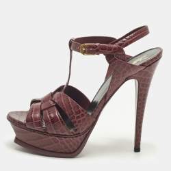Pre Owned Saint Laurent Tribute Size 39 Purple Croc Embossed Leather Ankle Strap Sandals
