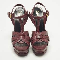 Pre Owned Saint Laurent Tribute Size 39 Purple Croc Embossed Leather Ankle Strap Sandals