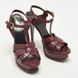Pre Owned Saint Laurent Tribute Size 39 Purple Croc Embossed Leather Ankle Strap Sandals