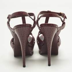 Pre Owned Saint Laurent Tribute Size 39 Purple Croc Embossed Leather Ankle Strap Sandals
