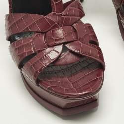 Pre Owned Saint Laurent Tribute Size 39 Purple Croc Embossed Leather Ankle Strap Sandals