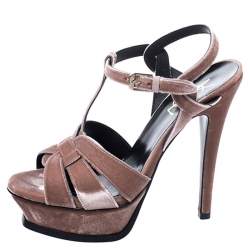 Pre Owned Saint Laurent Paris Beige Velvet Tribute Platform Sandals Size 39.5
