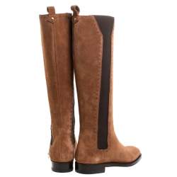 Pre Owned بوت للركبة سان لوران باريس تفاصيل خياطة إلاستيك وسويدي بني مقاس 35