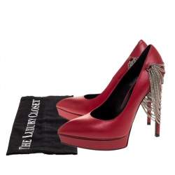 Saint Laurent Paris Red Leather Janis Chain Heel Platform Pumps Size 37.5