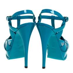 Pre Owned صندل سان لوران باريس سير كاحل نعل سميك تريبوت جلد لامع أزرق مقاس 38