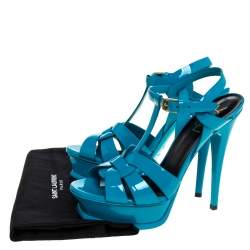 Pre Owned صندل سان لوران باريس سير كاحل نعل سميك تريبوت جلد لامع أزرق مقاس 38