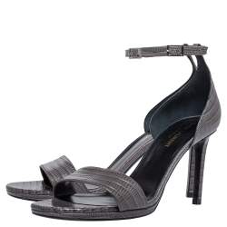 Pre Owned Saint Laurent Paris Grey Lizard Embossed Leather Jane Ankle Strap Sandals Size 39.5