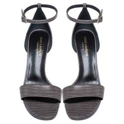 Pre Owned Saint Laurent Paris Grey Lizard Embossed Leather Jane Ankle Strap Sandals Size 39.5