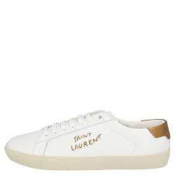 مملوكة مسبقًا Saint Laurent White/Brown Leather Court Classic Sneakers Size EU 36