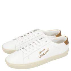 مملوكة مسبقًا Saint Laurent White/Brown Leather Court Classic Sneakers Size EU 36