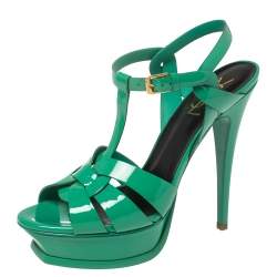 Pre Owned Saint Laurent Green Patent Leather Tribute Sandals Size 39