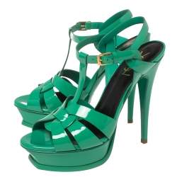 Pre Owned Saint Laurent Green Patent Leather Tribute Sandals Size 39