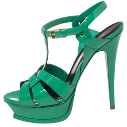 Pre Owned Saint Laurent Green Patent Leather Tribute Sandals Size 39