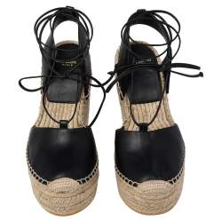 مملوكة مسبقًا Saint Laurent Black Leather Espadrille Wedge Ankle Tie Platform Sandals Size 37