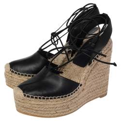 مملوكة مسبقًا Saint Laurent Black Leather Espadrille Wedge Ankle Tie Platform Sandals Size 37