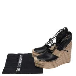 مملوكة مسبقًا Saint Laurent Black Leather Espadrille Wedge Ankle Tie Platform Sandals Size 37