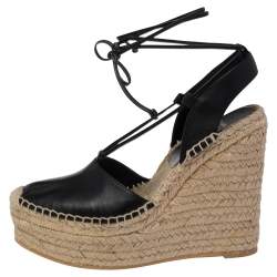 مملوكة مسبقًا Saint Laurent Black Leather Espadrille Wedge Ankle Tie Platform Sandals Size 37