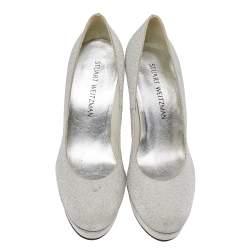Stuart Weitzman Metallic Silver Glitter Platform Pumps Size 38.5