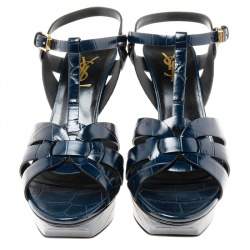 Pre Owned Saint Laurent Navy Blue Croc Embossed Leather Tribute Sandals Size 40