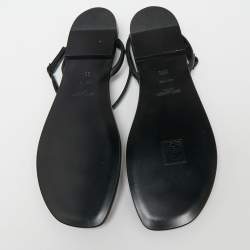 Pre Owned Saint Laurent Black Leather Cassandra T-Strap Flat  Sandals Size 38.5