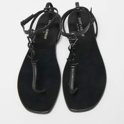 Pre Owned Saint Laurent Black Leather Cassandra T-Strap Flat  Sandals Size 38.5
