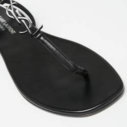 Pre Owned Saint Laurent Black Leather Cassandra T-Strap Flat  Sandals Size 38.5