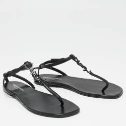 Pre Owned Saint Laurent Black Leather Cassandra T-Strap Flat  Sandals Size 38.5