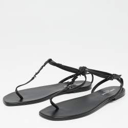 Pre Owned Saint Laurent Black Leather Cassandra T-Strap Flat  Sandals Size 38.5