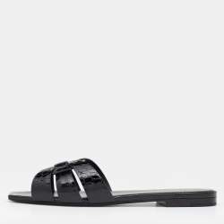 Pre Owned Saint Laurent Black Croc Embossed Patent Leather Tribute Flat Slide Sandals Size 38