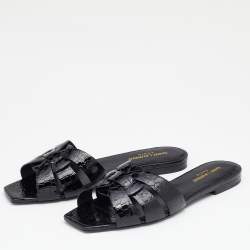 Pre Owned Saint Laurent Black Croc Embossed Patent Leather Tribute Flat Slide Sandals Size 38