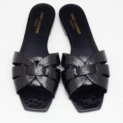 Pre Owned Saint Laurent Black Croc Embossed Patent Leather Tribute Flat Slide Sandals Size 38
