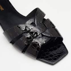 Pre Owned Saint Laurent Black Croc Embossed Patent Leather Tribute Flat Slide Sandals Size 38