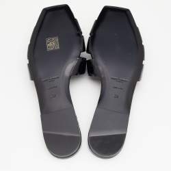 Pre Owned Saint Laurent Black Croc Embossed Patent Leather Tribute Flat Slide Sandals Size 38