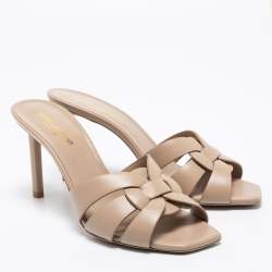 Pre Owned Saint Laurent Beige Leather Tribute Slide Sandals Size 38.5