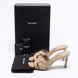 Pre Owned Saint Laurent Beige Leather Tribute Slide Sandals Size 38.5