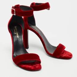 Pre Owned Saint Laurent Red Velvet Ankle Strap Sandals Size 37.5