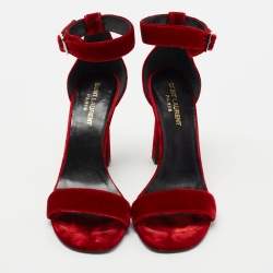 Pre Owned Saint Laurent Red Velvet Ankle Strap Sandals Size 37.5