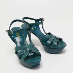 Pre Owned Saint Laurent Teal Leather Tribute Platform Sandals Size 38