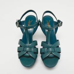 Pre Owned Saint Laurent Teal Leather Tribute Platform Sandals Size 38