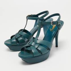 Pre Owned Saint Laurent Teal Leather Tribute Platform Sandals Size 38