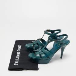 Pre Owned Saint Laurent Teal Leather Tribute Platform Sandals Size 38