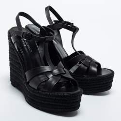 Pre Owned Saint Laurent Black Leather Tribute Espadrille Wedge Sandals Size 40