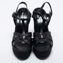 Pre Owned Saint Laurent Black Leather Tribute Espadrille Wedge Sandals Size 40