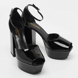 Saint Laurent Black Patent Jodie Ankle Strap Sandals Size 37