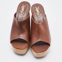 Saint Laurent Brown Leather Wooden Platform Wedge Mules Size 37