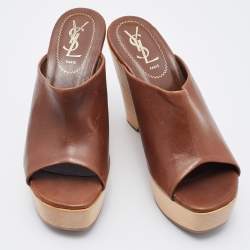 Saint Laurent Brown Leather Wooden Platform Wedge Mules Size 37