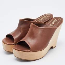 Saint Laurent Brown Leather Wooden Platform Wedge Mules Size 37