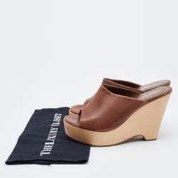 Saint Laurent Brown Leather Wooden Platform Wedge Mules Size 37
